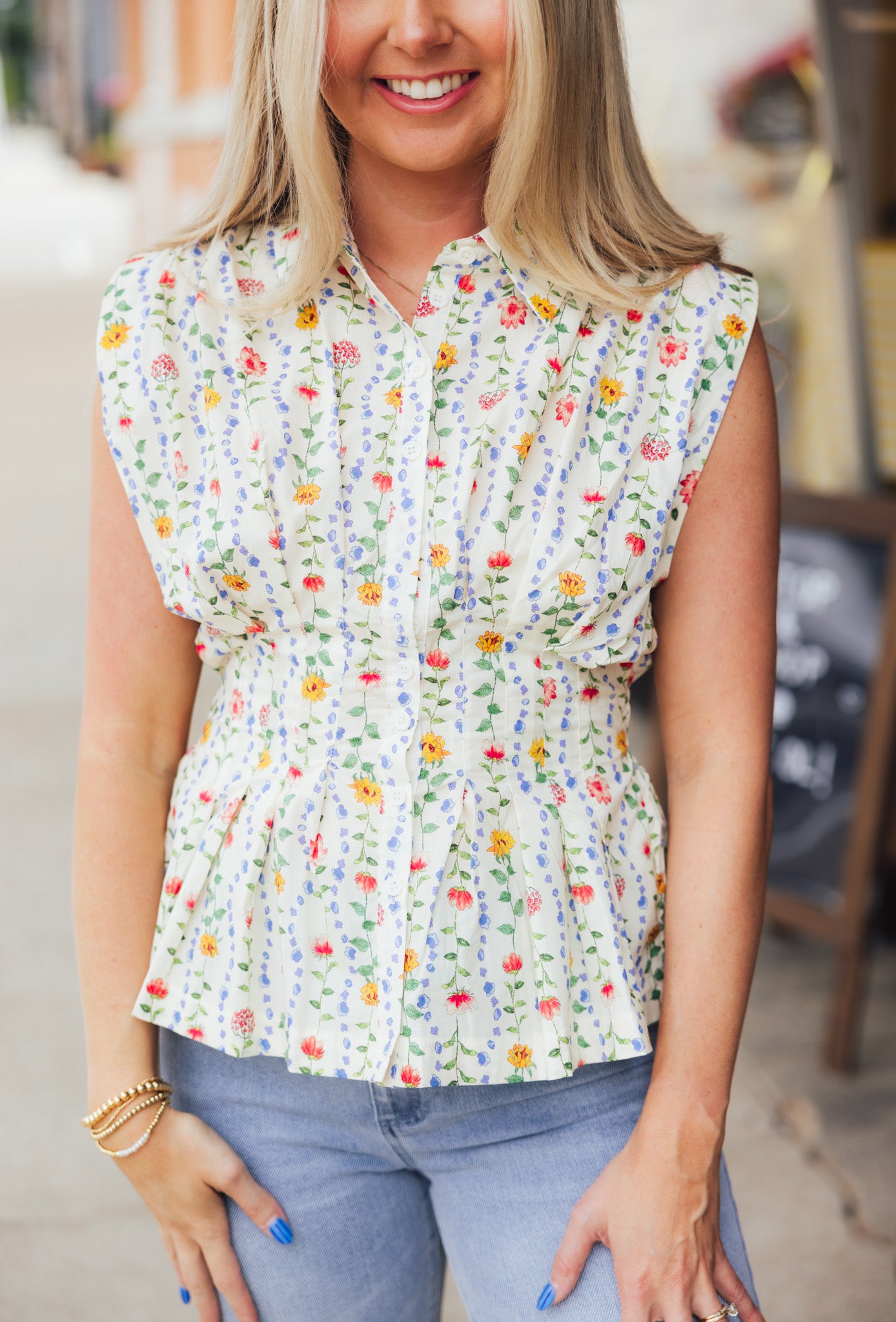 Ivory Floral Pleated Blouse